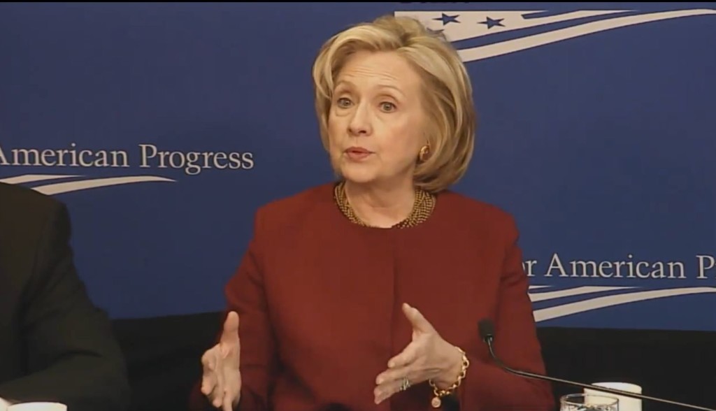 Live screen capture - Hillary Clinton speaking at Center for American Progress